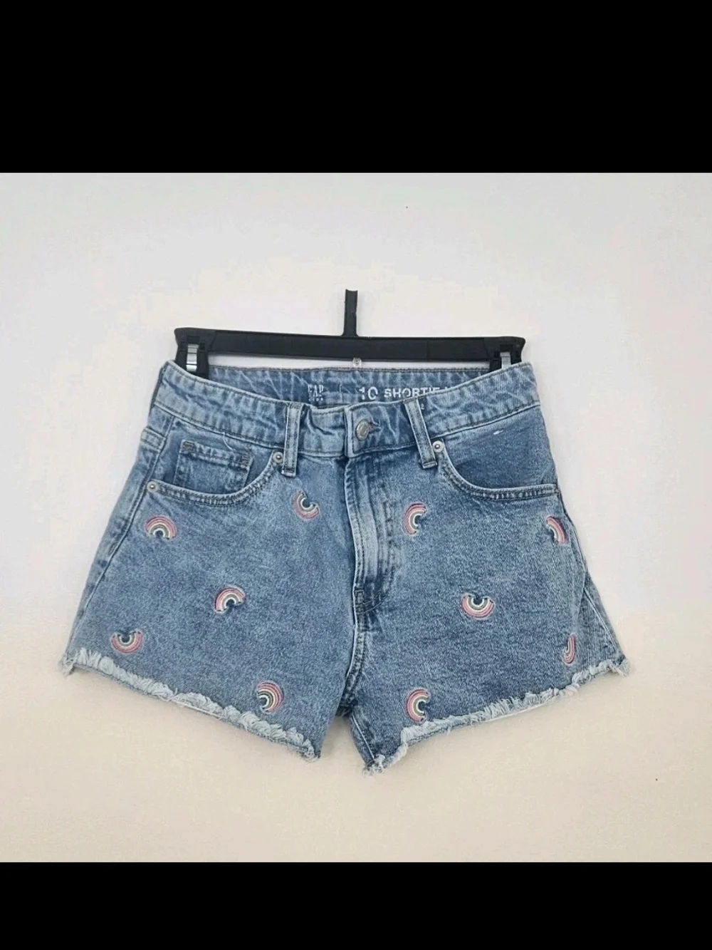 Gap Kids Girls Size 10 High Rise Shortie Denim Shorts Rainbow Embroidered Frayed